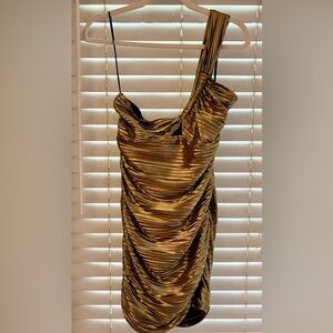ASTR the Label Golda Dress Gold One-Shoulder Ruched Dress